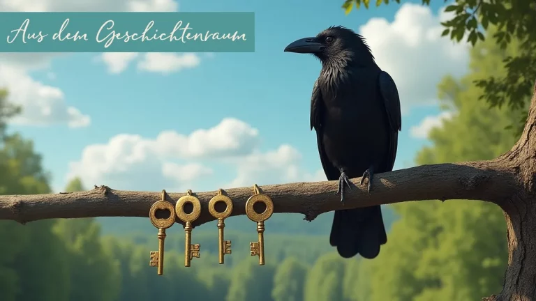 Ein junge Rabe Rico ist auf der Suche nach dem Sinn des Lebens. Er sitzt auf einem Ast inmitten einer grünen Waldlandschaft. Vor ihm hängen vier goldene Schlüssel am Ast.