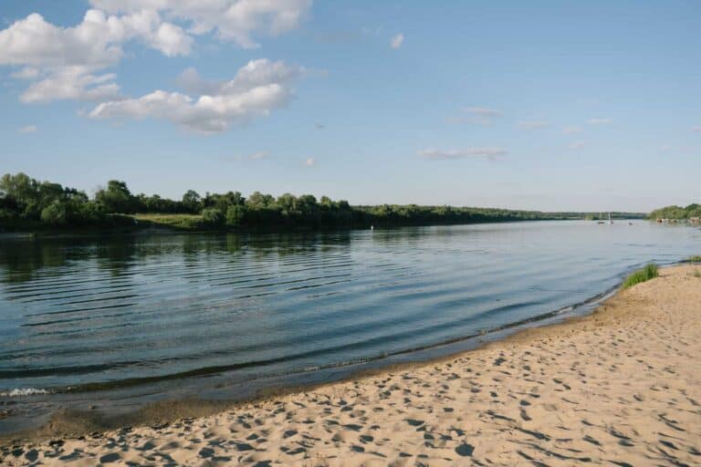 A sandy riverbank with calm water under a blue sky with scattered clouds; trees line the opposite shore, offering a peaceful spot reminiscent of beaches in Krakow for those seeking unique Krakow tourism experiences.