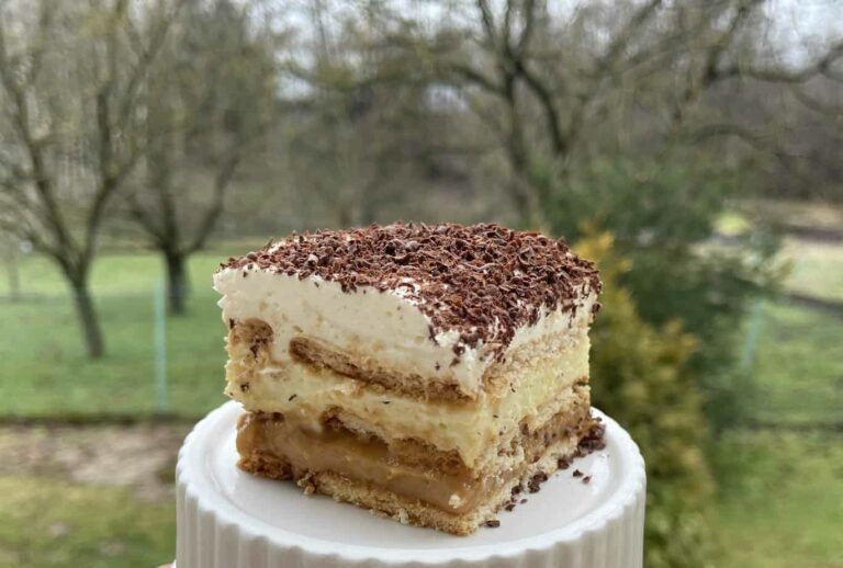 A no-bake cake sitting on top of a white plate.