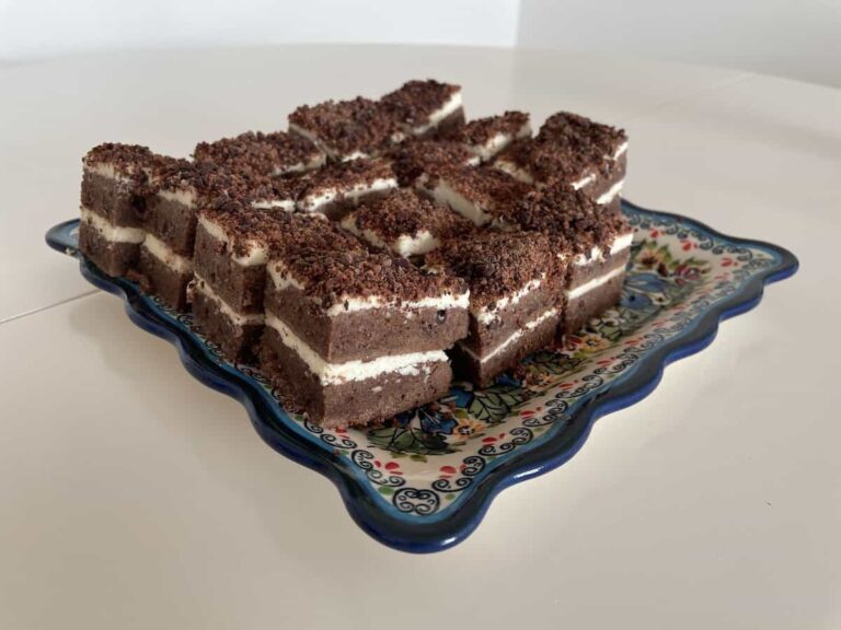 Polish vodka cake on a blue and white plate.