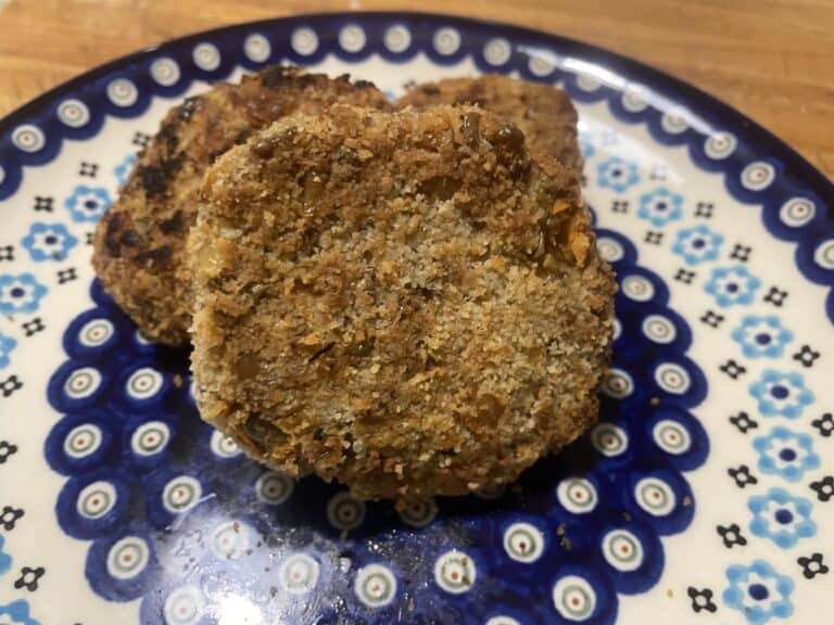 Three lentil cutlets rest on a decorative plate with blue and white floral patterns, showcasing a delightful take on the classic Vegetarian Kotlety Mielone recipe.