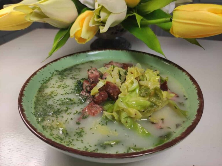 A bowl of Polish fresh cabbage soup with meat.