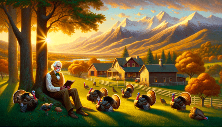 a painting of a man sitting on a tree in front of a flock of turkeys