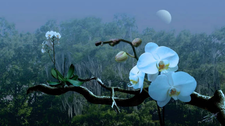 two white orchids on a tree branch in front of trees