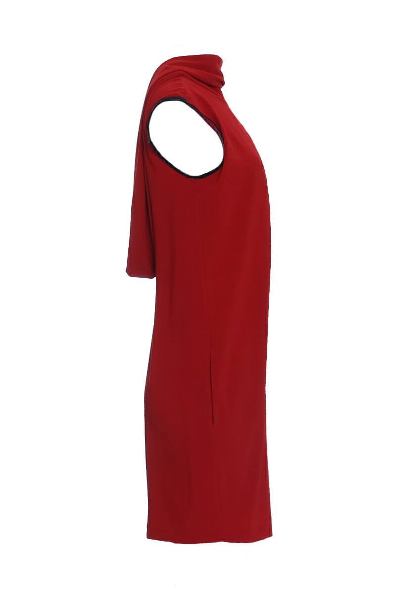 Red dress with waterfall neckline