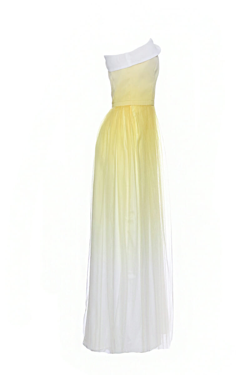 Tulle maxi dress with one-shoulder straps in a yellow batik look