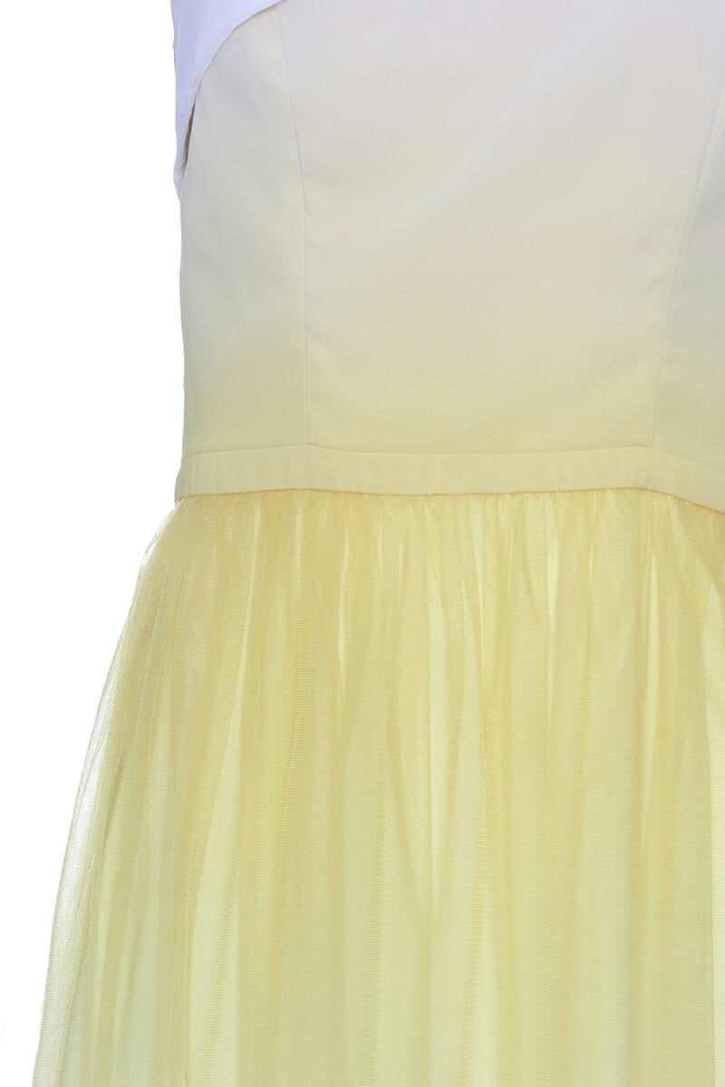Tulle maxi dress with one-shoulder straps in a yellow batik look