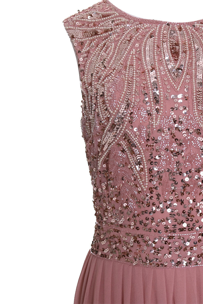 Abendkleid maxi rose Rückenausschnitt Pailletten