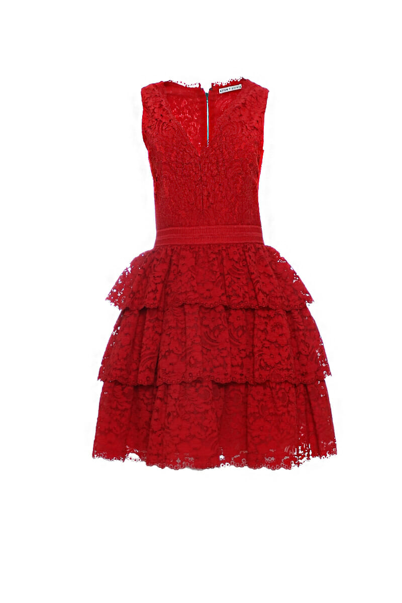 Lady in red lace cocktail dress