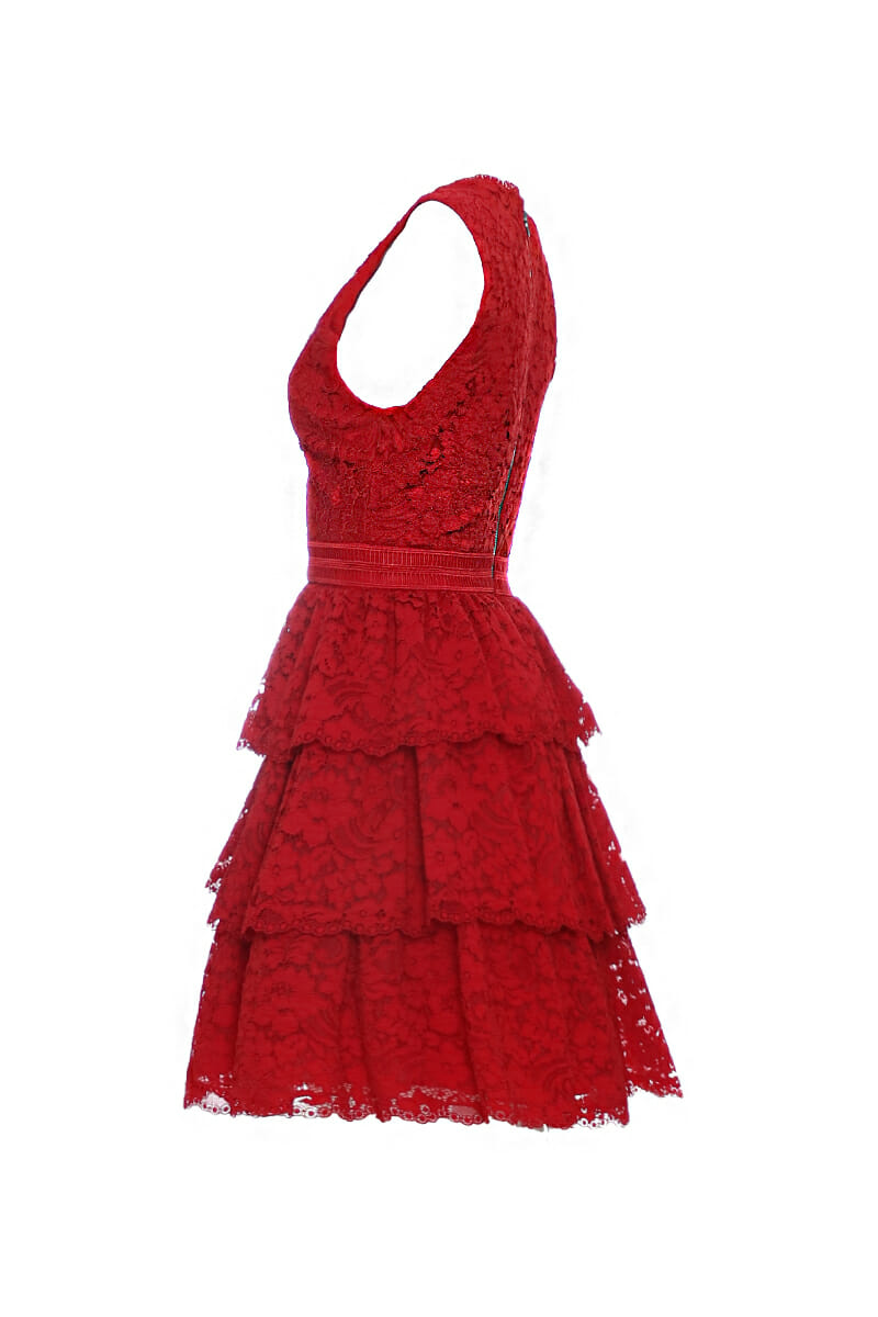 Lady in red lace cocktail dress