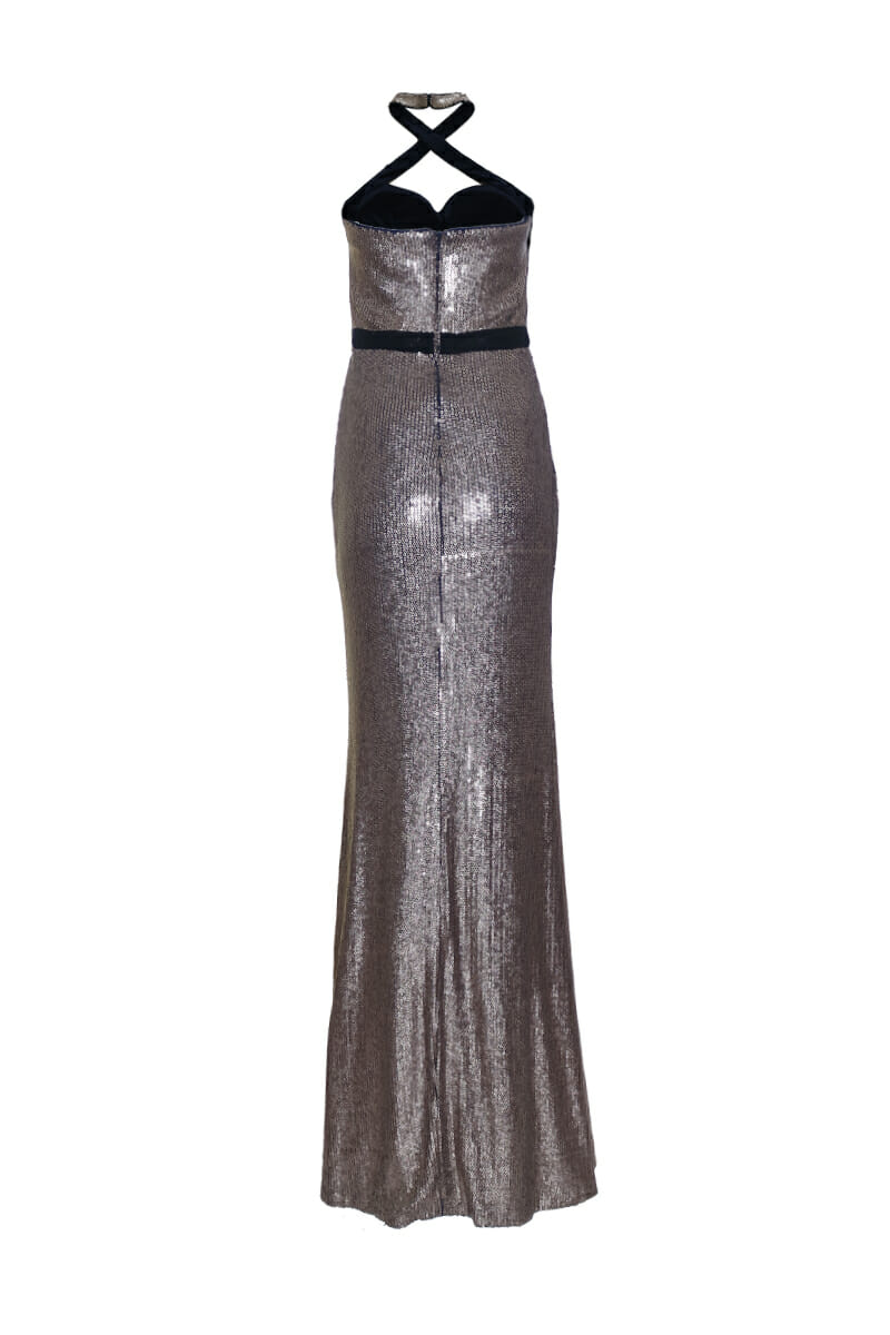 Halter neck maxi dress with metallic sequins