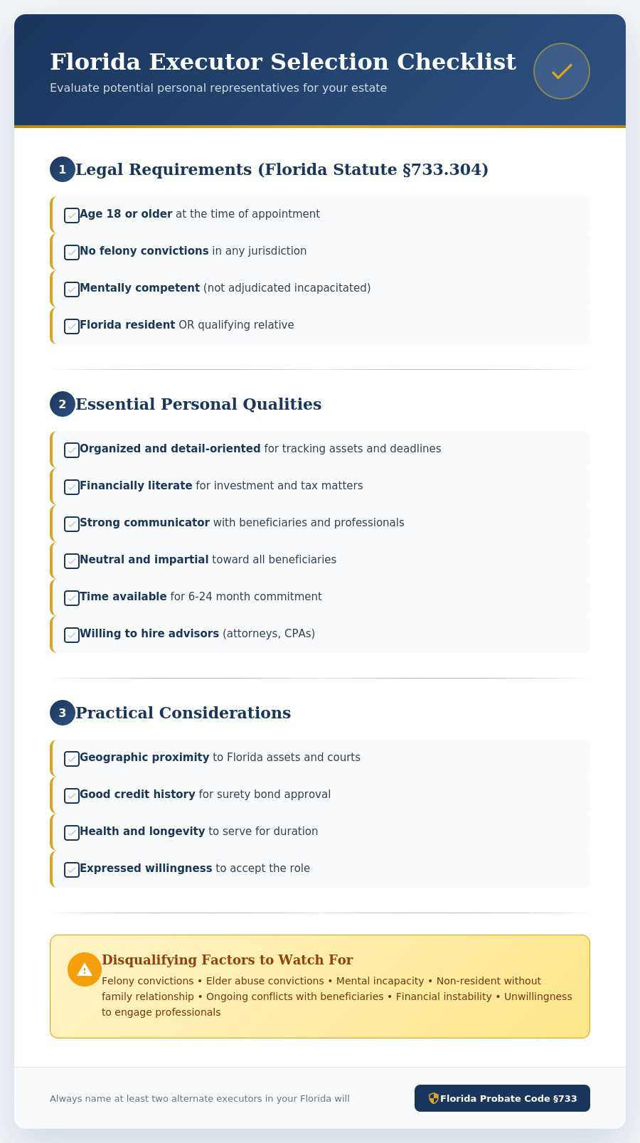 florida executor selection checklist