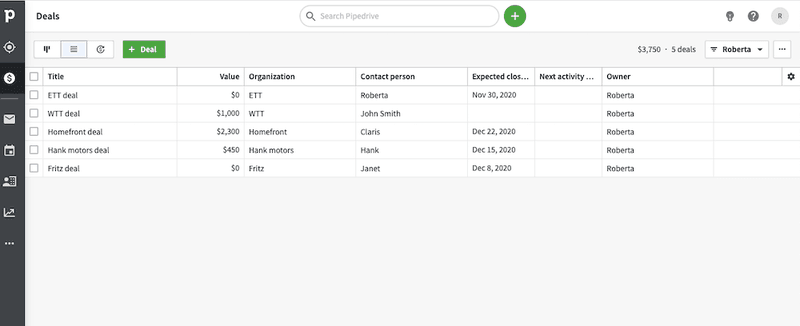 Table view on deals in Pipedrive's cloud-based sales CRM