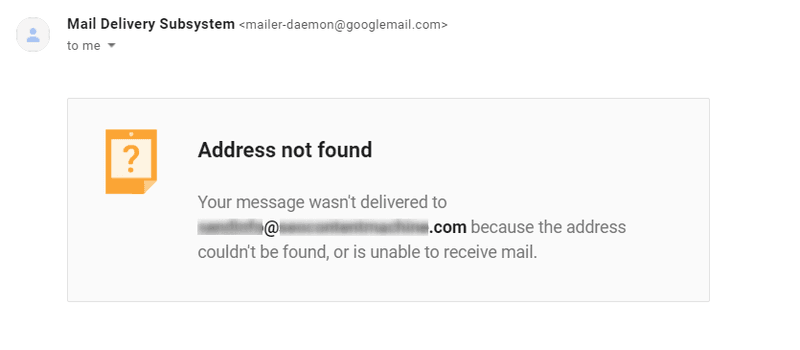 A screenshot showing a mailer daemon throwing up an "address not found" error
