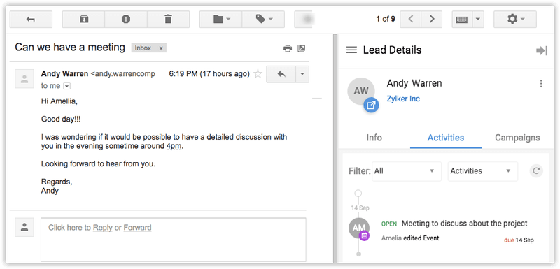 Zoho CRM mostrando detalhes do lead no Gmail