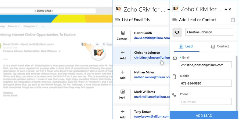 Zoho CRM con integración de correo electrónico en Outlook
