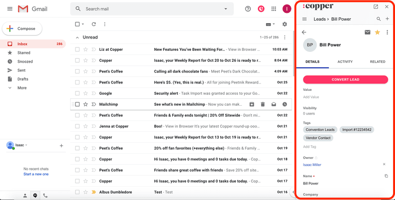 Integrazione e plugin per le e-mail di Copper, solo per Gmail