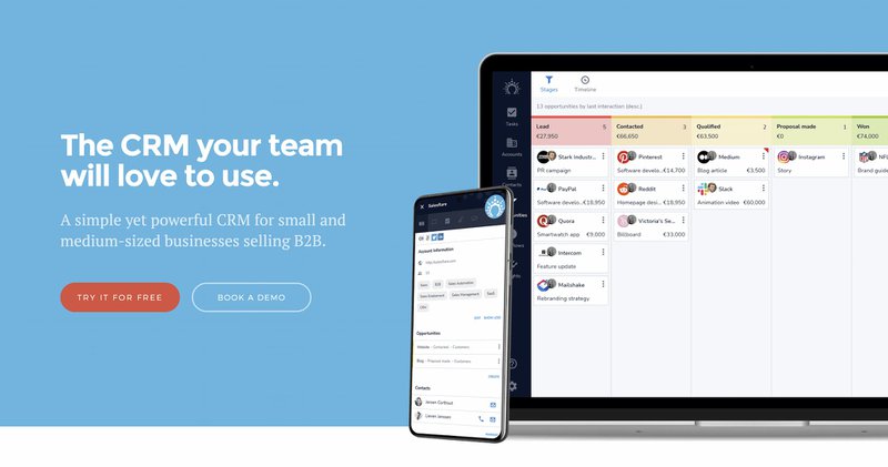 Salesflare CRM's homepage, showing the sales pipeline