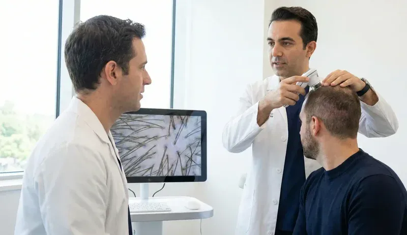 doctor examining patient scalp grafts