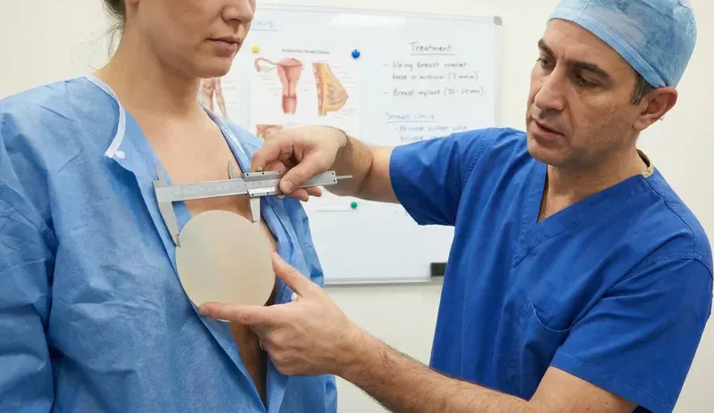 surgeon measuring breast base width vs implant diameter