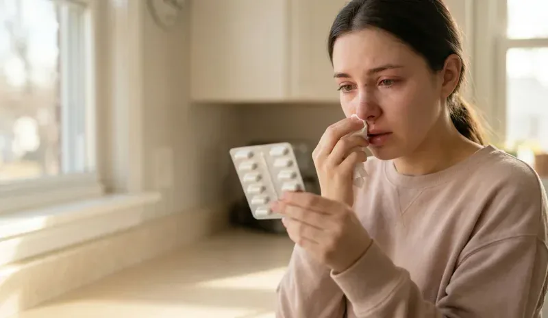 woman after rhinoplasty with allergy symptoms holding antihistamine pill box