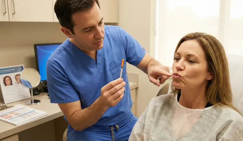 plastic surgeon examining lip wrinkles