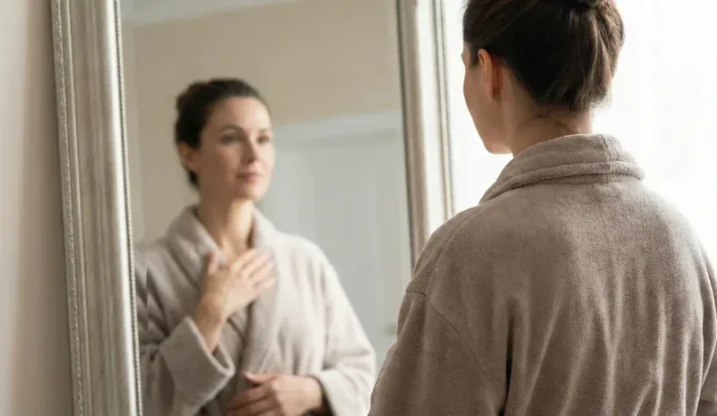 woman looking in mirror contemplating