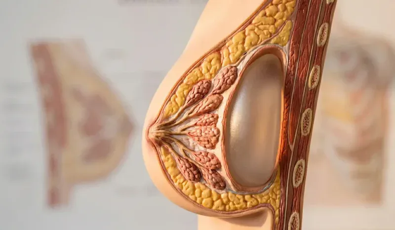 3d anatomical cross section breast with implant and glandular tissue