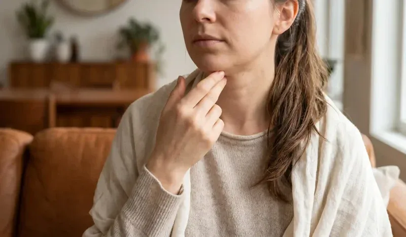 woman feeling hard lump under chin