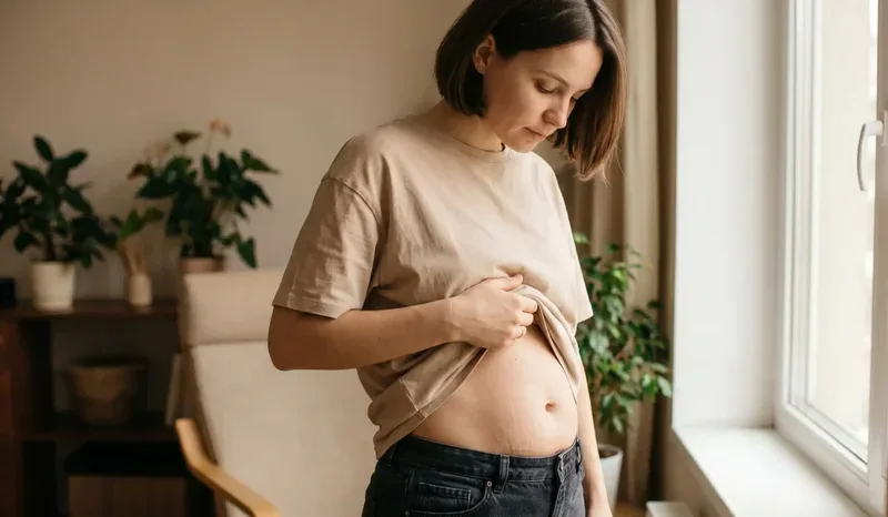 woman inspecting loose stomach skin after pregnancy