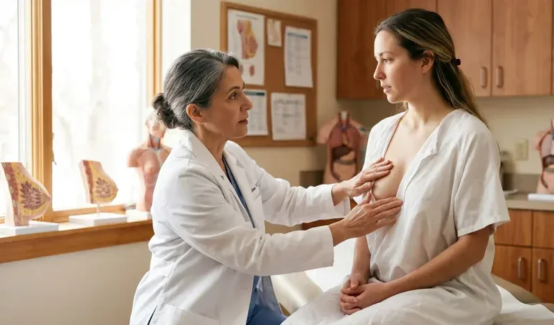 doctor palpating patients breast for implant examination in clinic