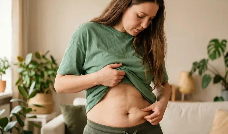 natural shot of woman looking at loose skin on tummy