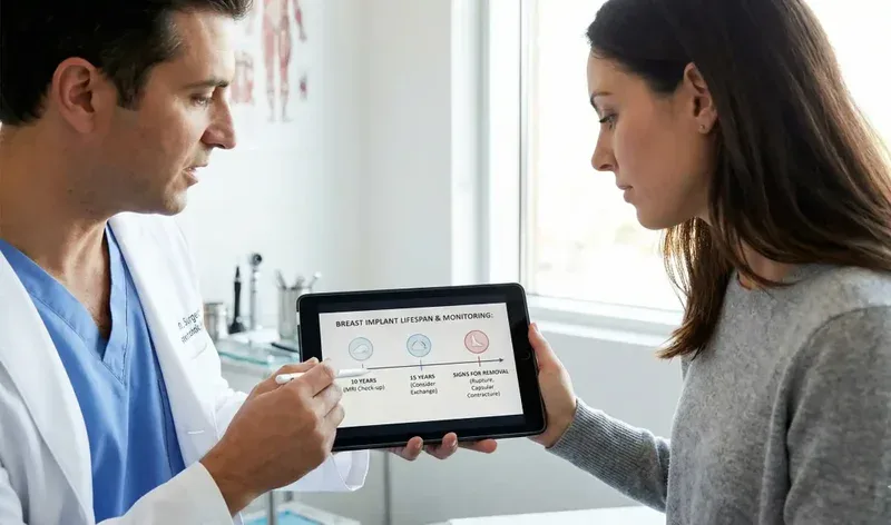 surgeon showing implant lifespan timeline on tablet