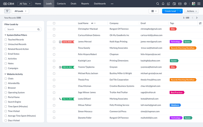 screenshot of leads view in Zoho's cloud CRM (Plus version)