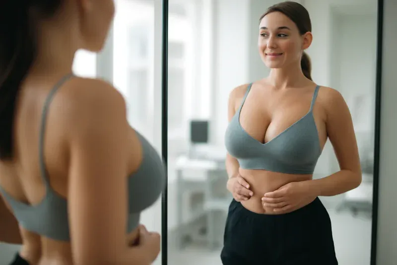 patient looking at her breast implants cover
