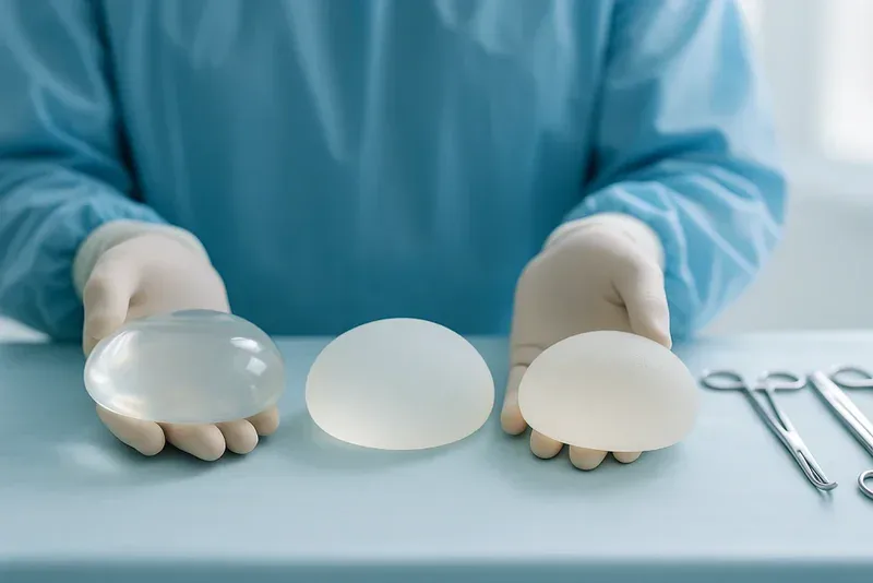 surgeon gloved hands holding three different breast implant types