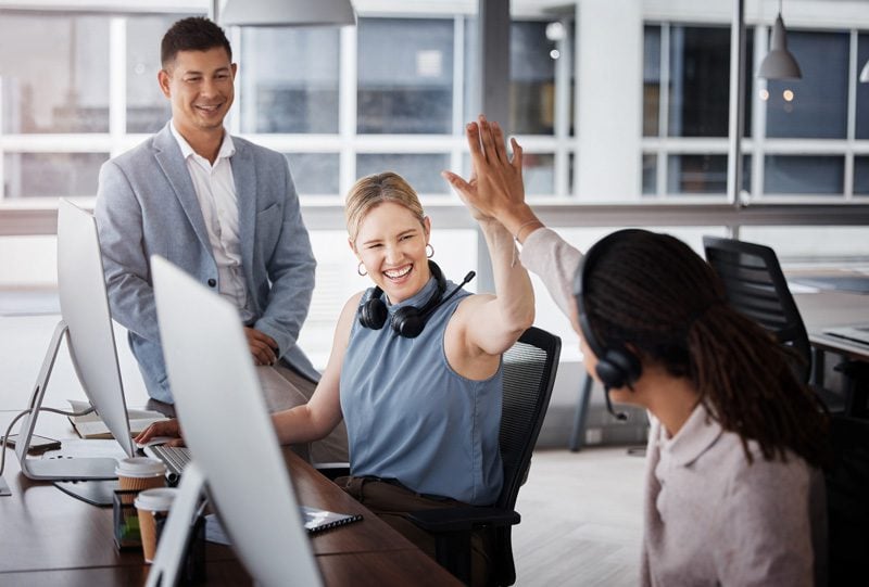 Customer support high five, consulting or team celebrate telemarketing success, contact us CRM goals or ERP telecom. Call center diversity, ecommerce winner or happy technical support consultant Customer support high five, consulting or team celebrate telemarketing success, contact us CRM goals or ERP telecom. Call center diversity, ecommerce winner or happy technical support consultant.