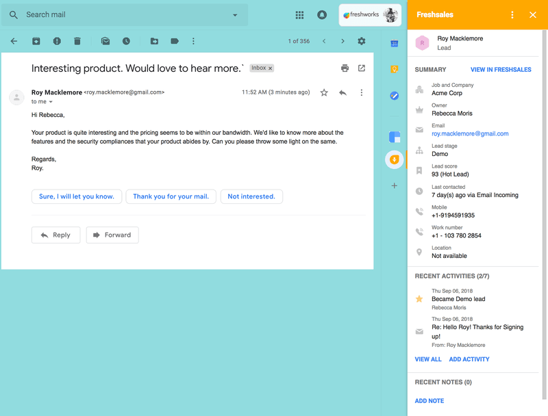 Freshworks CRM integration into Gmail inbox