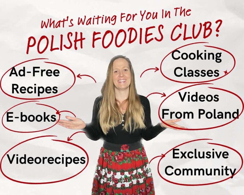 A woman with outstretched arms is surrounded by text bubbles listing Polish Foodies benefits: ad-free recipes, e-books, videorecipes, cooking classes, videos from Poland, and exclusive community access&mdash;all celebrating the rich flavors of Polish cuisine.
