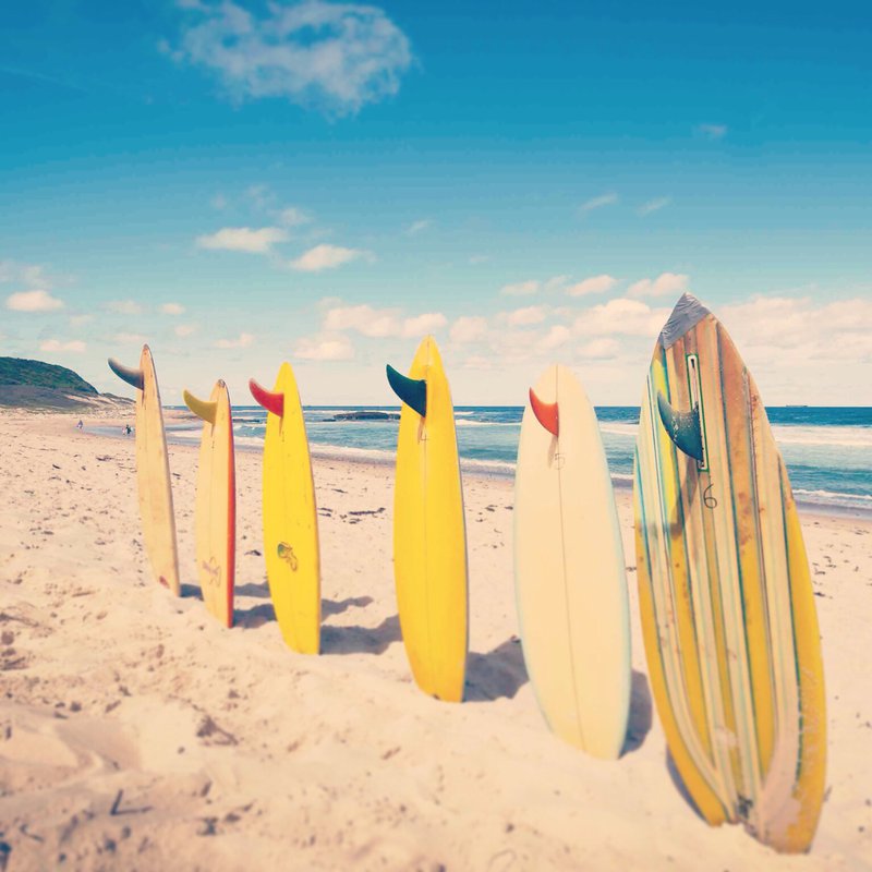 planches de surf coincées dans le sable