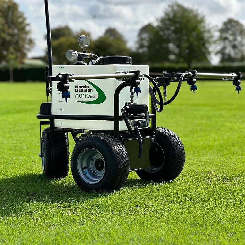 The Nano-Spray self-propelled pedestrian sprayer situated on a cricket green.