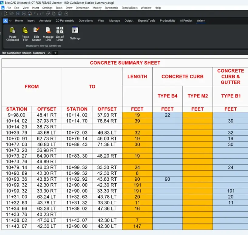 spreadsheet The same spreadsheet imported into BricsCAD with Microsoft Office Importer
