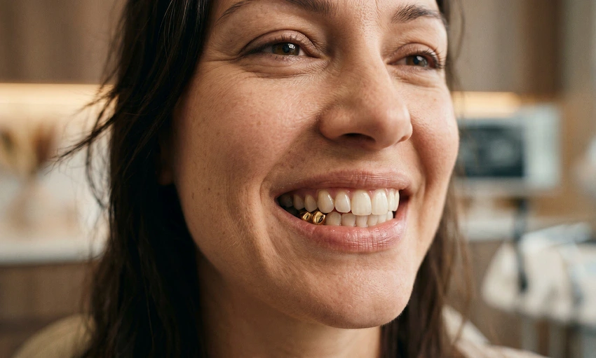patient smiling with natural gold tooth crown