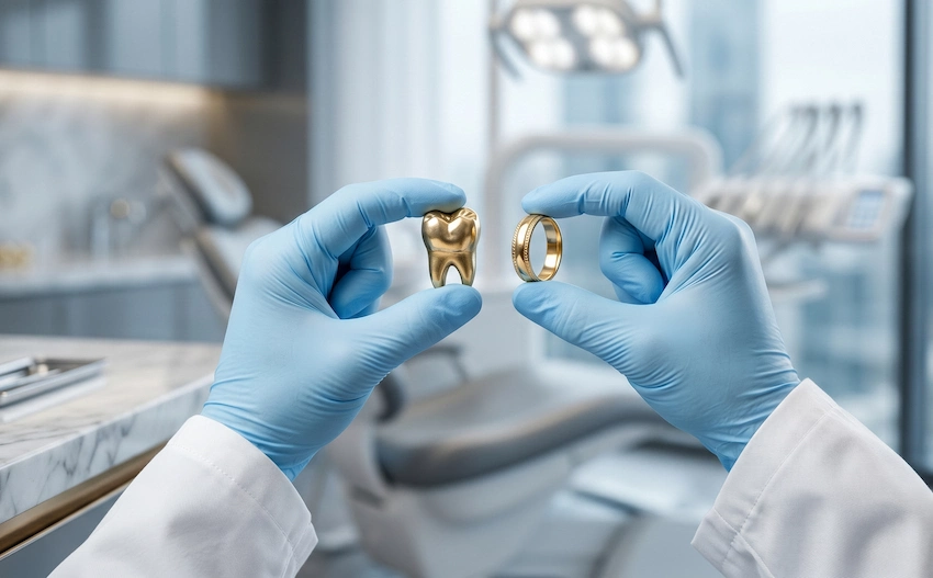 dentist hands comparing dental gold with gold ring