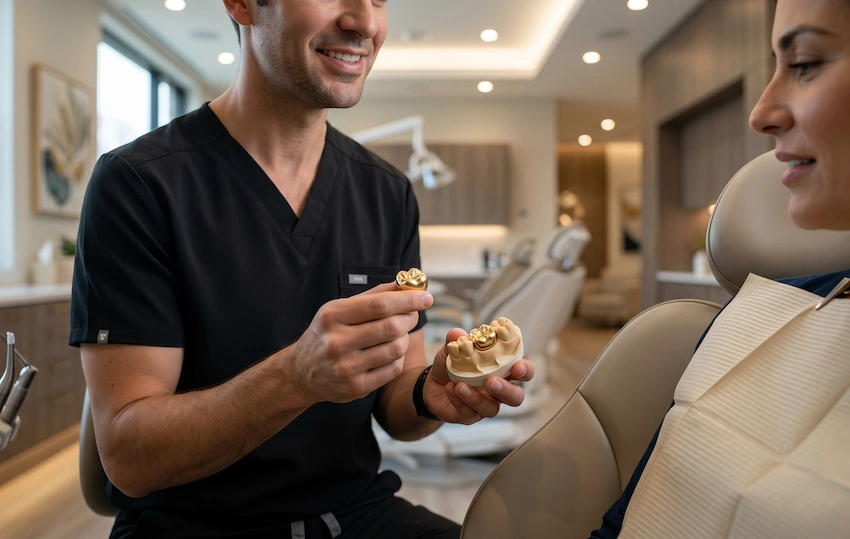 consultarea pacientului cu dentistul model de coroană și umplutură din aur