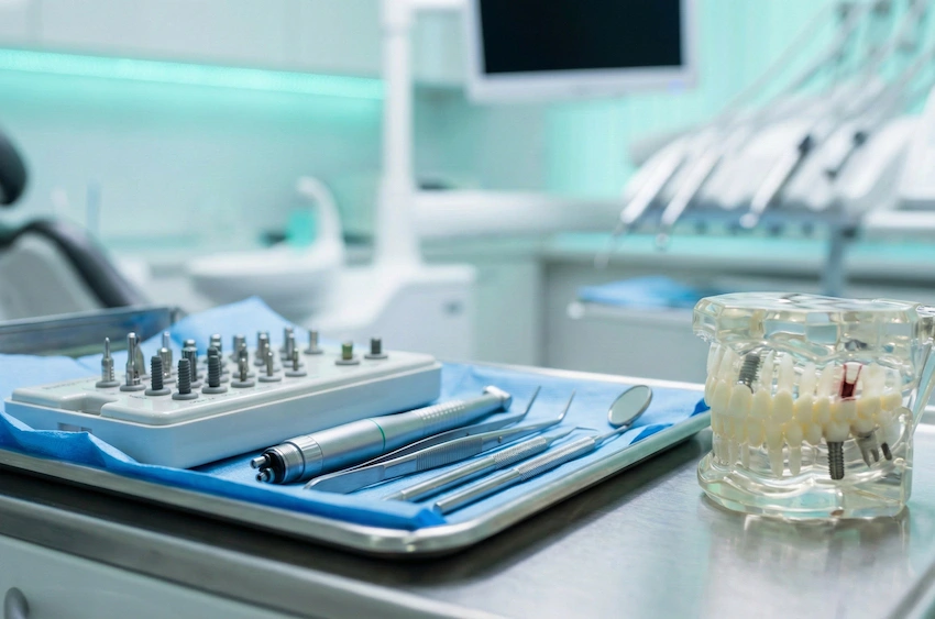 Vorbereitung der Nachbehandlung eines Zahnimplantats in steriler Klinik