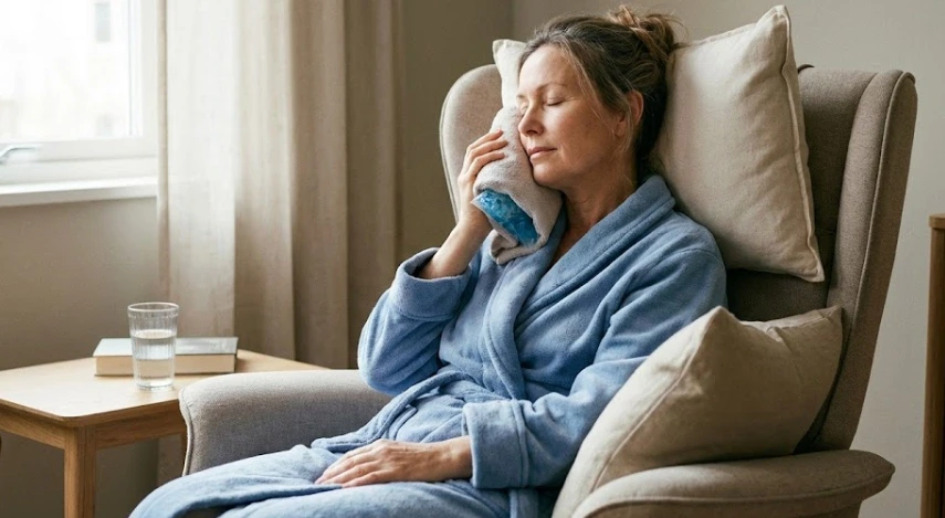 paciente manejando recuperación con bolsa de hielo y descanso
