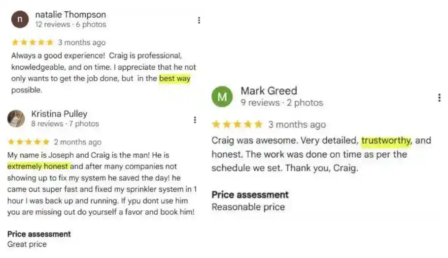 5 star google reviews lake mary sprinkler repair