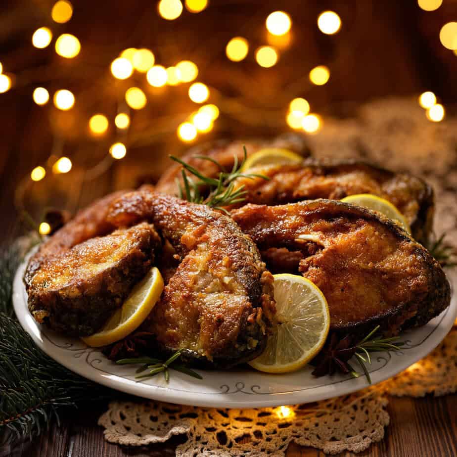 A plate of fried fish garnished with lemon slices and rosemary sits in the cozy corner, warmed by string lights that evoke a festive Christmas aura.