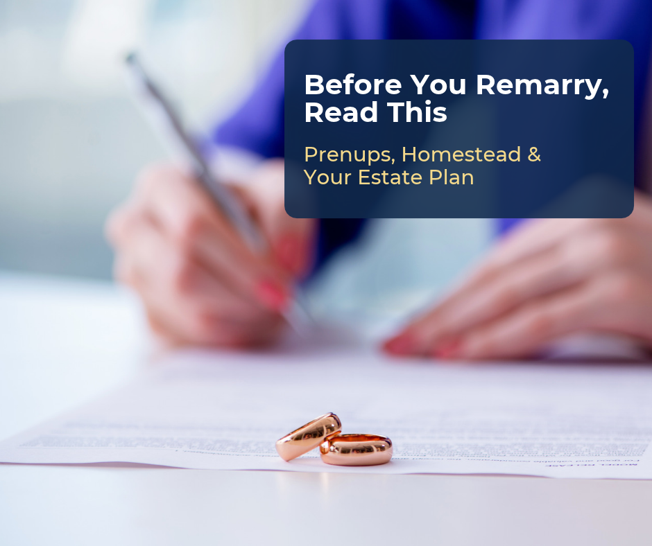 Wedding rings resting on a prenuptial agreement, representing estate planning for remarriage in Florida